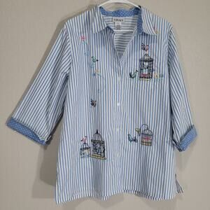Graff Button Up Shirt Women XL Blue White Stripe Embroidered Whimsical Beaded